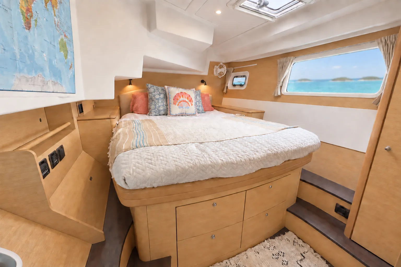 En-suite cabin on the Lagoon 500 with an island view through the hull window